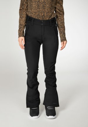 Black, water-resistant snow pants with a tapered fit, zippered front pockets, and a soft shell material. Features a button and belt loops.
