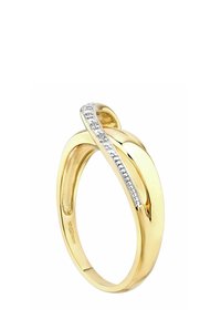 Aukso žiedas su lygiu juostos dizainu, turintis sukimo elementą. Viena pusė puošta sidabrine juostele, kurią dekoruoja maži deimantai.