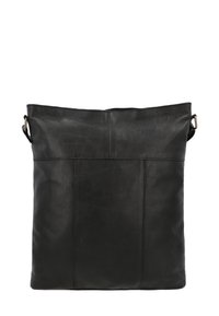 Czarna skórzana torba o gładkiej powierzchni, prostokątnym kształcie i minimalnej liczbie szwów, z regulowanym paskiem i górnym otwarciem.