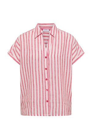 Koszula na krótkie rękawy zapinana na guziki, z pionowymi różowymi i białymi paskami oraz spiczastym kołnierzem, z metką "Cecil" wewnątrz kołnierza.