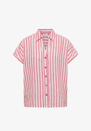 Koszula na krótkie rękawy zapinana na guziki, z pionowymi różowymi i białymi paskami oraz spiczastym kołnierzem, z metką "Cecil" wewnątrz kołnierza.