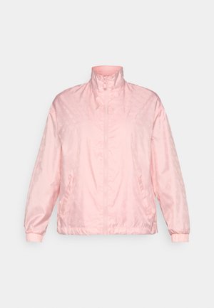 Lichtroze, ritsjack met een hoge kraag, voorzien van een subtiel patroon, elastische manchetten en een iets glanzende stofstructuur.