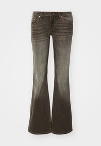 Flared jeans in dark gray fabric with a faded finish. Features five pockets, front button closure, and subtle stitching details.