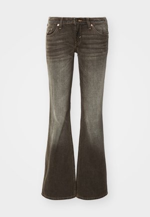 Flared jeans in dark gray fabric with a faded finish. Features five pockets, front button closure, and subtle stitching details.