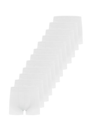 Weisse Baumwoll-Boxershorts mit einem weichen Bund und dezentem Branding, mehrere Paare in Reihe angeordnet.