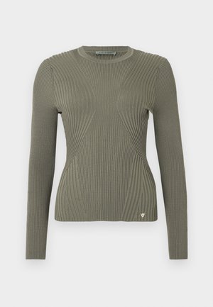 Pull en maille côtelée vert olive à manches longues, avec des panneaux texturés et un petit logo en accent sur l'ourlet. Col rond.