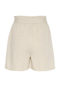 Linned shorts i en lys beige farve med en rynket talje, der har en blød tekstur og et løst fit design med plisseringer foran.