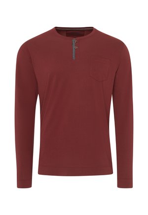 Bordeaux lange mouw henley shirt, gemaakt van zacht materiaal, met een drieknoopsluiting, een borstzak en geribbelde manchetten.