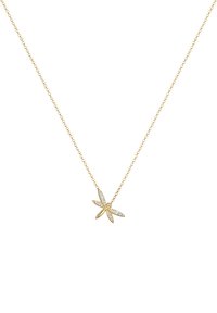 Gouden ketting met een libellenhanger, voorzien van sprankelende accenten, een delicate schakel en een glanzende afwerking. De hanger heeft vier langwerpige vleugels.
