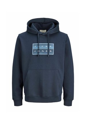Tmavomodrá mikina s kapucňou, predným vreckom a logom "Jack & Jones" v bielom a modrom štvorci na hrudi.