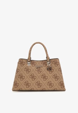 Brown patterned handbag with dual handles, shiny silver hardware, and a logo charm. Features a structured shape and textured fabric.