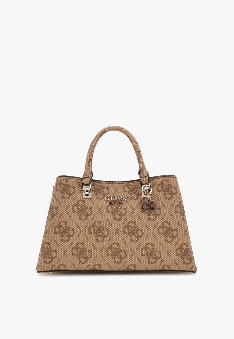 Brown patterned handbag with dual handles, shiny silver hardware, and a logo charm. Features a structured shape and textured fabric.