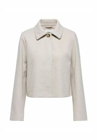 Cappotto corto in lana beige chiaro con maniche lunghe, chiusura con un solo bottone in tartaruga e colletto a punta.