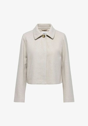 Light beige cropped wool coat with long sleeves, single tortoiseshell button closure, and pointed collar.