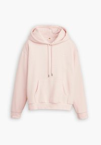 Sudadera rosa claro hecha de material suave, con un bolsillo frontal, capucha con cordón y puños y dobladillo acanalados. Pequeño logo en el pecho.