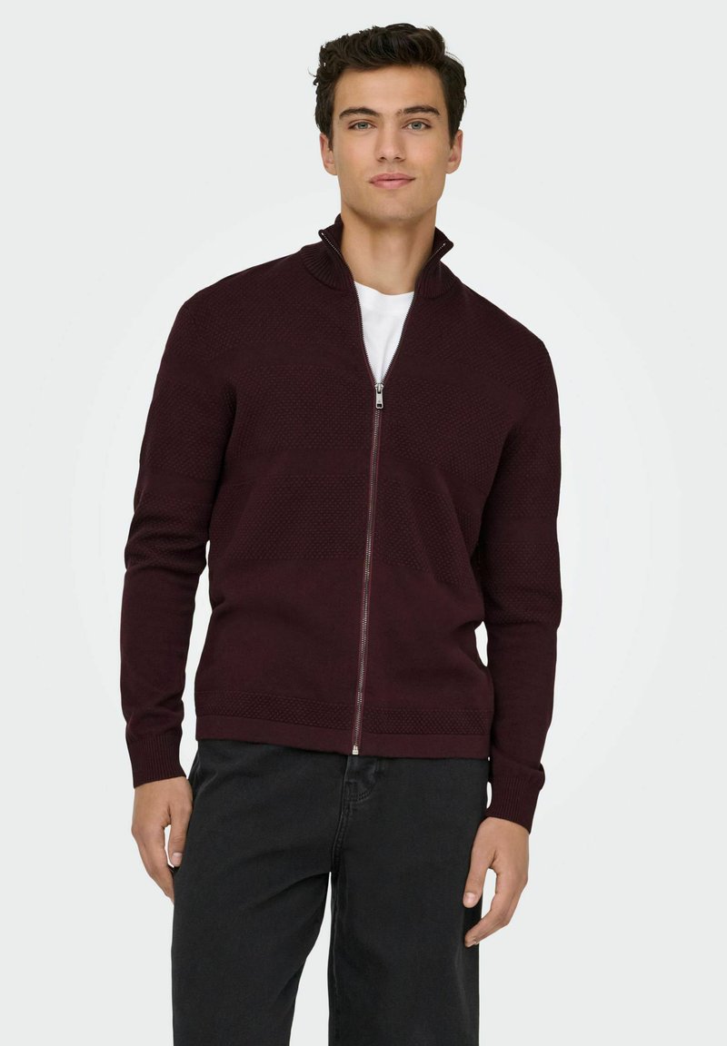 Maglione zip-up bordeaux con un motivo testurizzato e colletto alto. Indossato sopra una maglietta bianca, abbinato a pantaloni neri. Tessuto a maglia liscia.