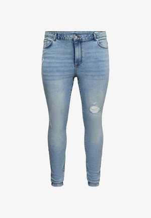 Blugi skinny albastru deschis, cu talie înaltă, nasture în față, fermoar și detalii rupte pe coapsa dreaptă și genunchiul stâng.