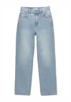 Light blue denim jeans with a straight leg design, high waist, five-pocket style, and minimal fading. Metal button and zipper closure.