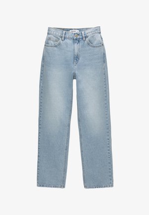 Helle blaue Denim-Jeans mit geradem Bein, hoher Taille, fünf Taschen und minimaler Ausbleichung. Metallknopf- und Reißverschluss.