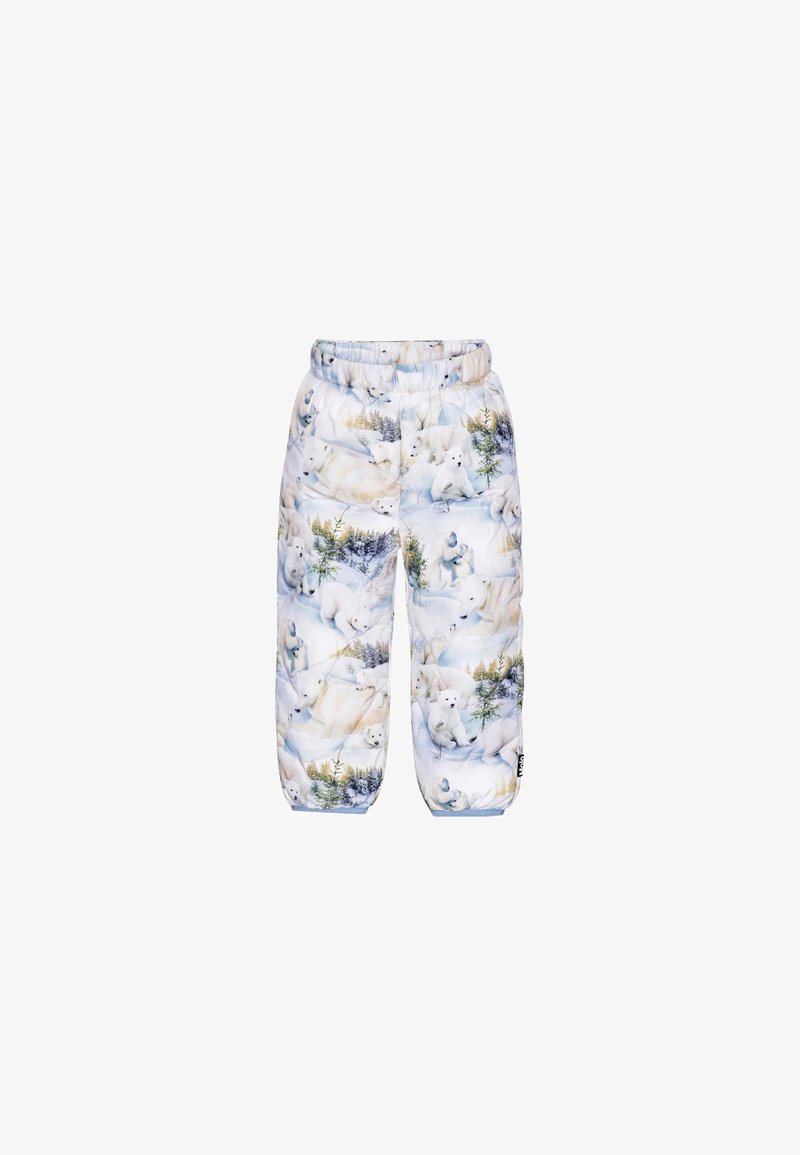 Pantalon rembourré blanc pour enfants avec taille et poignets élastiques, imprimé d'ours polaires et de scènes de forêt enneigée.