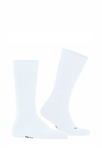 Weiße Baumwollsocken mit gerippter Textur, in der Mitte der Wade lang, mit dezenter Markierung auf den Zehen. Einfaches und funktionales Design.