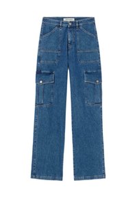 Havlíčkovy kalhoty s širokými nohavicemi vyrobené z modrého denimového materiálu, s předními kapsami a postranními kapsami na knoflíky. Odolná tkanina s volným střihem.