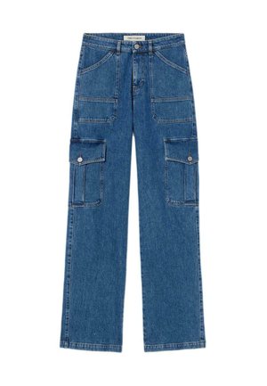 Jeans cargo a gamba larga realizzati in denim blu, con tasche frontali e tasche laterali con chiusure a bottone. Tessuto resistente con vestibilità ampia.