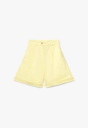 Hellgelbe Shorts mit hoher Taille, Knopfverschluss, Gürtelschlaufen, Seitentaschen, Vorderfalten und umgeschlagenen Säumen.