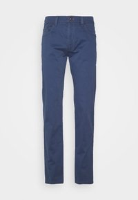 Navyblauwe katoenen broek met rechte pijpen, vijf zakken en contrasterende stiksels. Knop- en ritssluiting bij de taille.