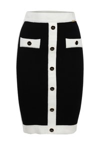 Schwarz-weißer Bleistiftrock aus strukturiertem Stoff, mit einem zentralen weißen Streifen, zwei vorderen Taschen und goldfarbenen Knöpfen.