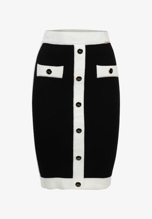 Schwarz-weißer Bleistiftrock aus strukturiertem Stoff, mit einem zentralen weißen Streifen, zwei vorderen Taschen und goldfarbenen Knöpfen.