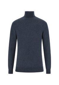 Dunkelblauer Rollkragenpullover mit langen Ärmeln, gerippten Bündchen und Saum. Weicher Stoff und nahtloses Design mit minimalem Branding.