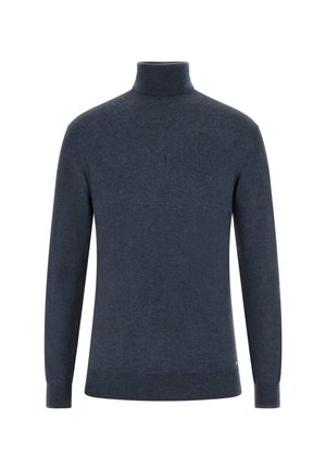 Suéter de cuello alto azul marino con mangas largas, puños y dobladillo acanalados. Textura suave y diseño sin costuras con un mínimo detalle de marca.