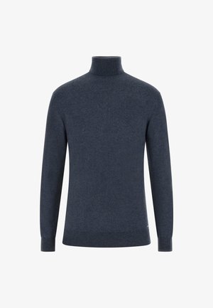 Donkerblauwe coltrui met lange mouwen, geribbelde manchetten en zoom. Zachte textuur en naadloos ontwerp met minimale merkdetails.