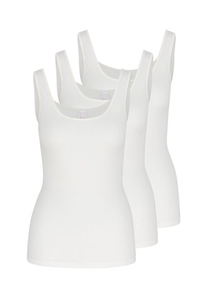 Trois débardeurs blancs sans manches à encolure dégagée empilés, avec le débardeur du dessus entièrement visible, sur fond blanc.