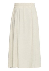 Jupe midi blanc cassé avec taille élastique et tissu doux légèrement texturé, fluide, droite avec une coupe ample.