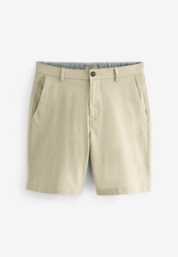 Beige Baumwollshorts mit flachem Bund, Knopfverschluss und zwei Seitentaschen. Glatte Textur und taillierte Passform, geeignet für legere Anlässe.