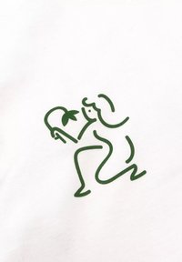 Zielona linia graficzna przedstawiająca osobę klęczącą i trzymającą w rękach obiekt w kształcie serca z liściem, umieszczona na białym tle. Prosty, minimalistyczny design.