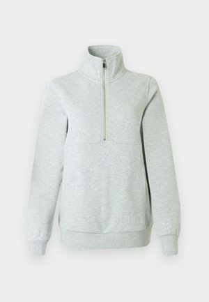 Γκρι φλις φούτερ με ψηλό γιακά, μπροστινό φερμουάρ μέχρι τη μέση, ριμπ μανσέτες και μπροστινή τσέπη, με ομαλή υφή σε όλο το ύφασμα.