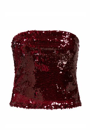 Bordo krāsas spīdīgs strapless topiņš ar pieguļošu dizainu, kas raksturojas ar gludu tekstūru un spīdīgu virsmu, kas atstaro gaismu.