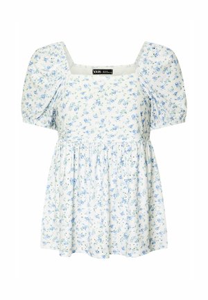 Hvid bluse med blåt blomsterprint, puffede korte ærmer, firkantet udskæring og indsnævret talje for en løs pasform.