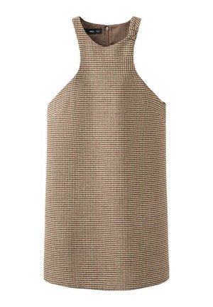 Vestido sin mangas con estampado de cuadros en marrón y beige, con un cuello alto y cierre de cremallera en la parte trasera. Presenta una silueta ajustada y una textura suave.