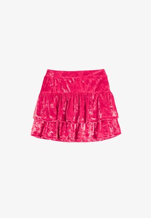 Falda mini de terciopelo rosa con tres capas de volantes y una cintura elástica. Textura suave con un acabado brillante.