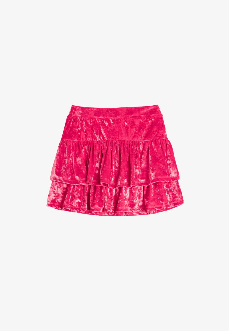 Falda mini de terciopelo rosa con tres capas de volantes y una cintura elástica. Textura suave con un acabado brillante.