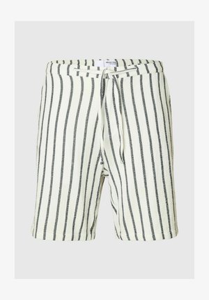 Pantaloni corti a righe in crema e nero, realizzati in tessuto testurizzato. Presentano un elastico in vita con cordoncino per una vestibilità regolabile.