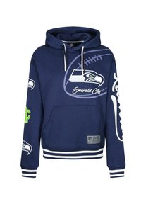 Felpa con cappuccio blu navy decorata con grafiche dei Seahawks, dotata di strisce bianche sui polsini e sull'orlo, una tasca frontale e stringhe per il cappuccio.