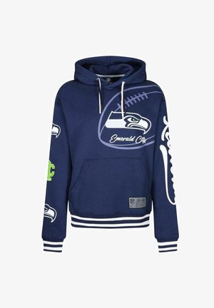 Marineblauwe hoodie met Seahawks-graphics, voorzien van witte strepen op de manchetten en de zoom, een voorkantzak en koordjes voor de capuchon.