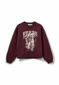 Burgunderfarbener Sweatshirt mit Rundhalsausschnitt, oversized Schnitt, mit einem weißen Grafikdesign von Ananas und dem Text "FRESH" auf der Vorderseite. Gerippte Bündchen und Saum.