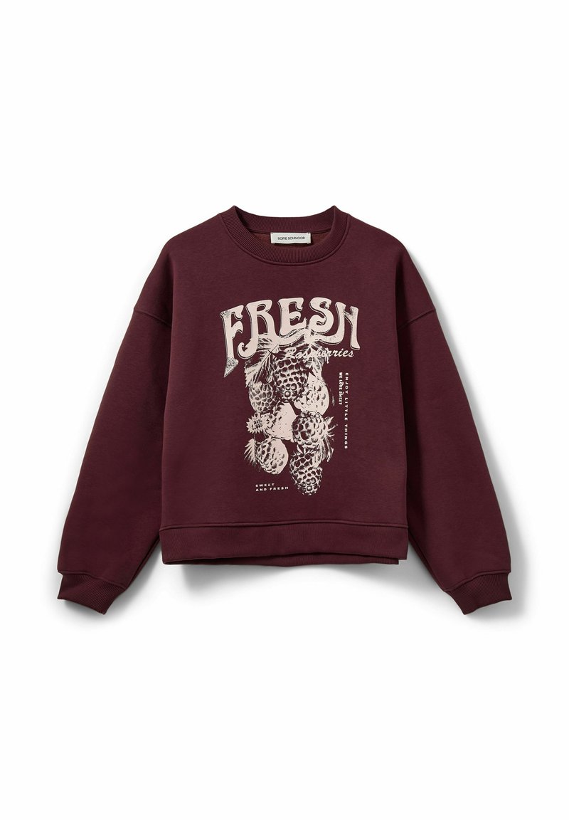 Burgunderfarbener Sweatshirt mit Rundhalsausschnitt, oversized Schnitt, mit einem weißen Grafikdesign von Ananas und dem Text "FRESH" auf der Vorderseite. Gerippte Bündchen und Saum.