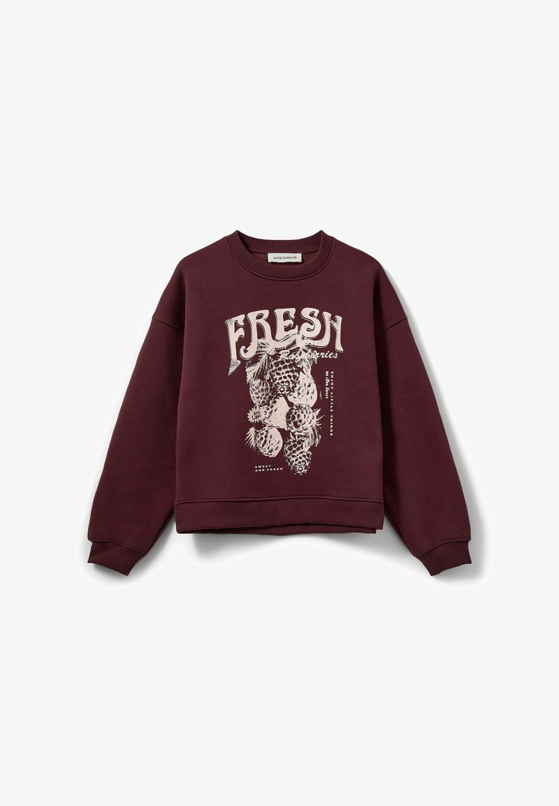 Burgunderfarbener Sweatshirt mit Rundhalsausschnitt, oversized Schnitt, mit einem weißen Grafikdesign von Ananas und dem Text "FRESH" auf der Vorderseite. Gerippte Bündchen und Saum.